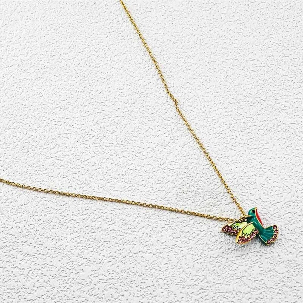 kate spade Gold Tone Hummingbird Pendant Necklace with Green and Yellow Enamel